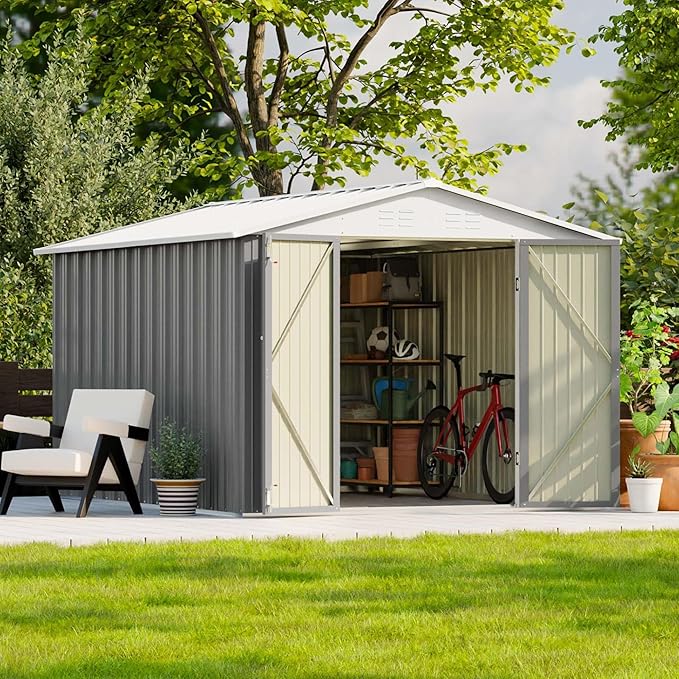 Patiowell 8x10 FT Outdoor Storage Shed, Large Garden Tool Metal Shed with Sloping Roof and Lockable Door, Outside Sheds for Backyard Garden Patio Lawn, Gray