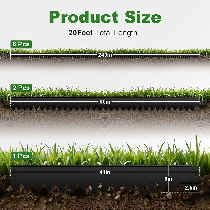Metal Landscape Edging 6 Pack 40" L x 6" H, Galvanized Steel Landscape Lawn Edging with 90 Degree Rounded Top, Heavy Duty Lawn Edging, Easy-to-Install, Flower Bed Yard Pathway Divider