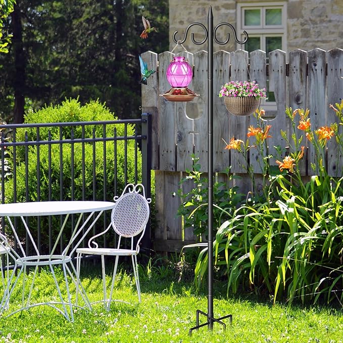 Double Shepherds Hooks for Outdoor, 76 Inch Heavy Duty Bird Feeder Pole with 5 Prongs Base, Adjustable Shepherds Hook for Bird Feeder, Garden, Weddings, Hanging Plant, 2 Pack