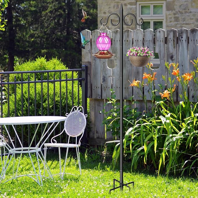 Double Shepherds Hooks for Outdoor, 92 Inch Heavy Duty Bird Feeder Pole with 5 Prongs Base, Adjustable Shepherds Hook for Bird Feeder, Garden, Weddings, Hanging Plant, 2 Pack