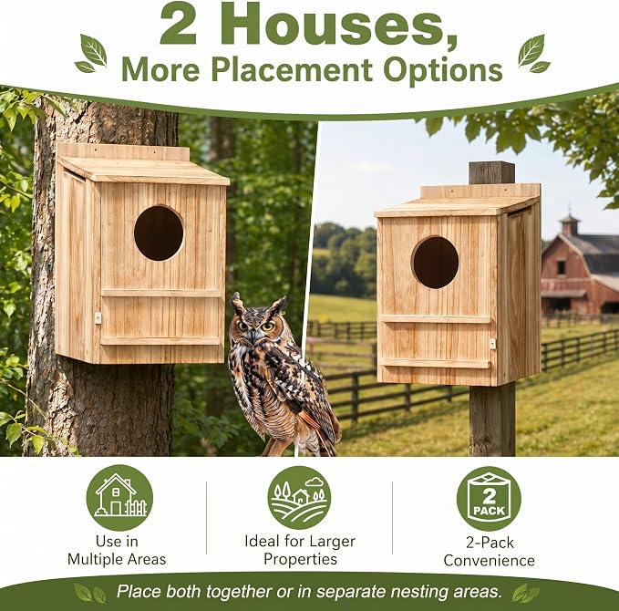 Novabright 2 Pcs Large Great Horned Owl House, 16" x 12" x 11" carbonized Weatherproof Wooden Nesting House for Screech Owls, Boreal, Northern Pygmy, Saw-whets, Elf, Flammulated and Others