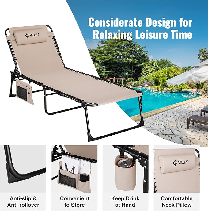 VILLEY Oversized Chaise Lounge Chair, Heavy-Duty Folding Outdoor Lounge Chair with 5 Adjustable Positions, Portable Trifold Beach Lounger for Patio, Beach, Lawn, Backyard, Camping – Beige