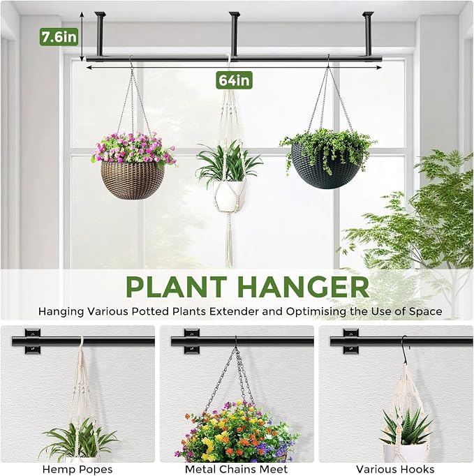 Window Plant Hanger for Indoor Plants, 64 Inch Hanging Plant Rod, 1 Inch Diameter Metal Rod, Hanging Plant Holder for Window Wall, Matte Black, Square Flange Base, Pots Not Included