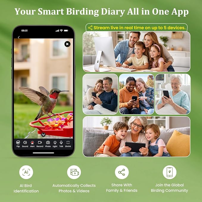 2K Smart Window Hummingbird Feeder Camera with AI Identify, Auto-Capture Fast Moments, IP65 Waterproof & Ant Moat, Strong Suction for Apartment/Cat TV, Best Gift for Bird Lovers