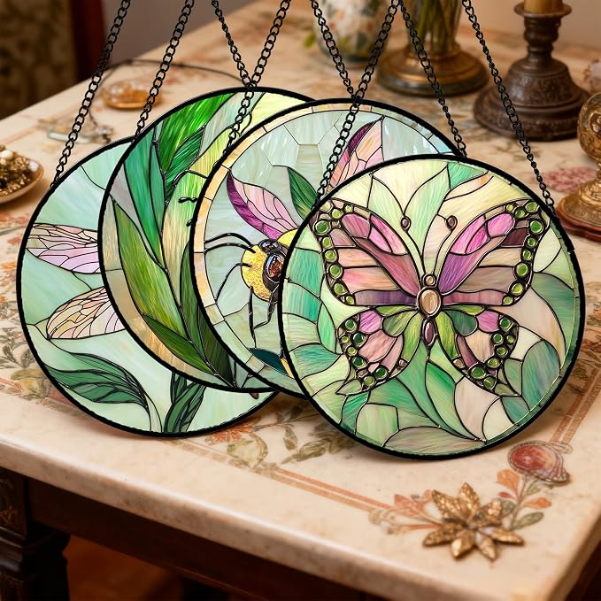 DASTOLL Stained Glass Window Hanging 4 Pcs Set Pink Green Insect Theme Large 15" - Butterfly Suncatcher Door Garden Sun Catcher Decor Birthday Christmas for Mom Woman Nana Men