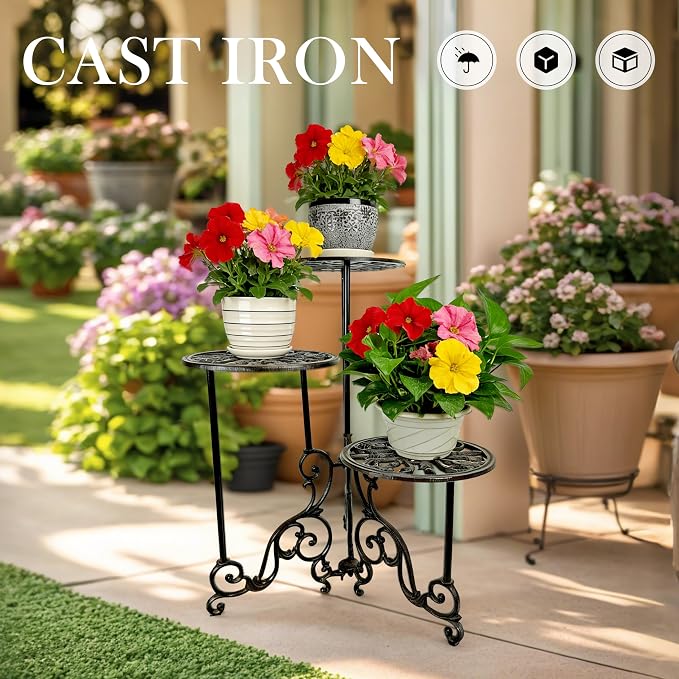 Cast Iron Plant Stand, 3-Tier Corner | Heavy-Duty, Vintage Metal with Ornate Design, 24-Inch Foldable Multi-Layer Rack, Indoor & Outdoor Use
