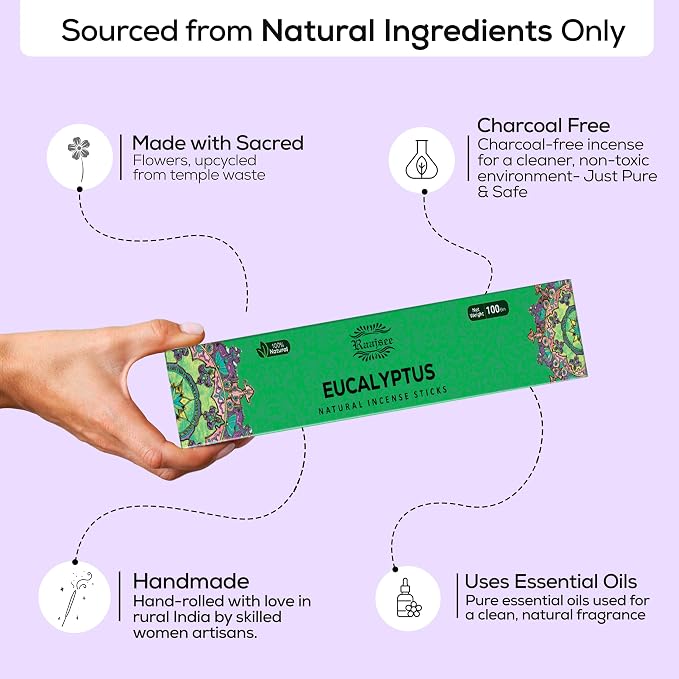 Raajsee Incense Sticks – Eucalyptus (180 gm), 100% Pure Organic Natural Hand Rolled Free from Chemicals - Perfect for Aromatherapy, Cleansing, Meditation, and Church (Pack of 12)