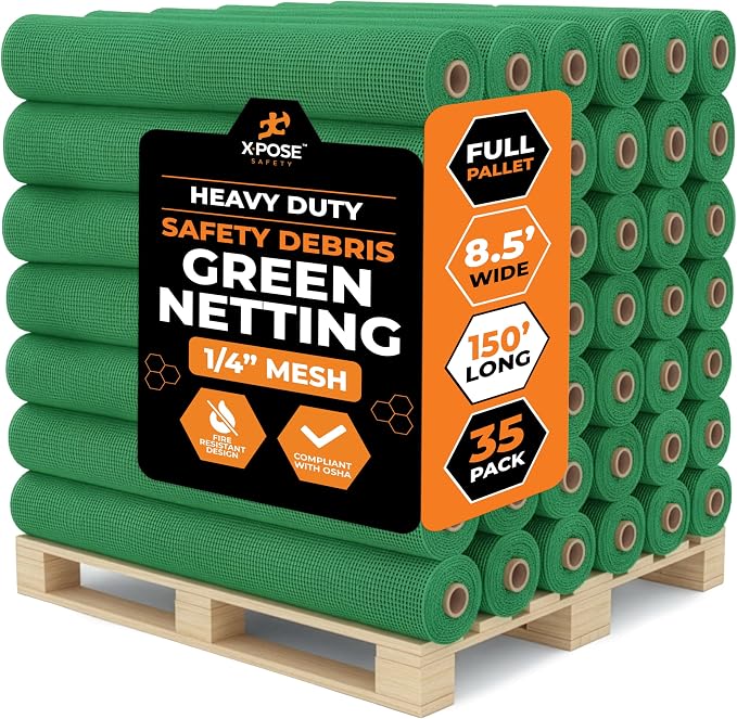 Xpose Safety Construction Safety Netting – 8.5' x 150', 1/4" Mesh Scaffold Safety Net, Temporary Material Roll, Visibility Fence, Heavy-Duty Fire Retardant, Green (35-Pack)