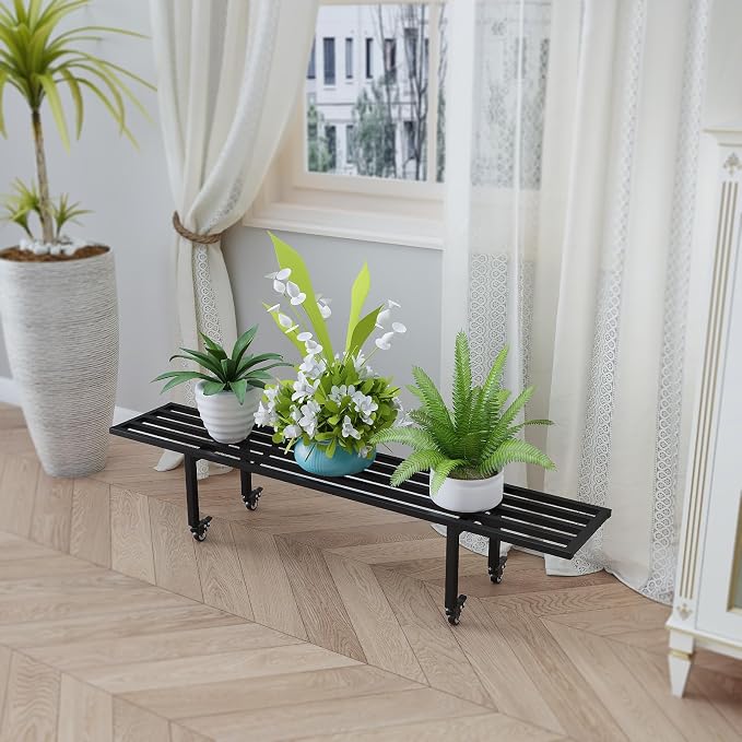 Zhongma One Tier Metal Plant Stand with Wheels,(45.67 L x 8.66 W x 10.3 H) Heavy Duty Plant Holder for Home, Window,Garden, Plant Lovers, Display Stand
