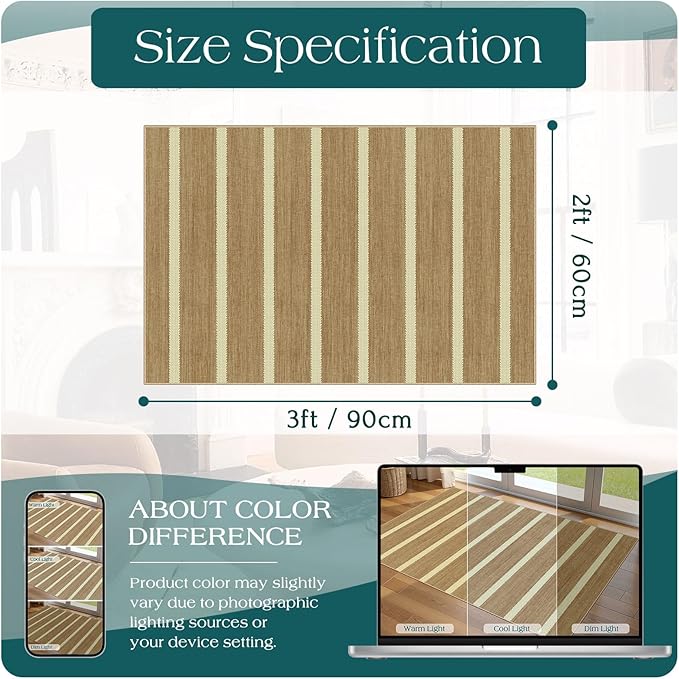 Front Door Rug - 2x3 Non-Slip Door Mat Washable Doormat Indoor Outdoor Entrance Tan Beige Striped Small Throw Rugs for Entryway Bedroom Laundry Room Kitchen Mat for Floor Front Porch Decor