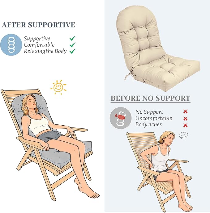 Rocking Chair Cushion Adirondack Chair Cushions with Non-Slip Ties, High Back Patio Chair Cushions,Fade-Resistant & Waterproof,Indoor/Outdoor Rocking Chair Pad for Living Room, Deck, Beige