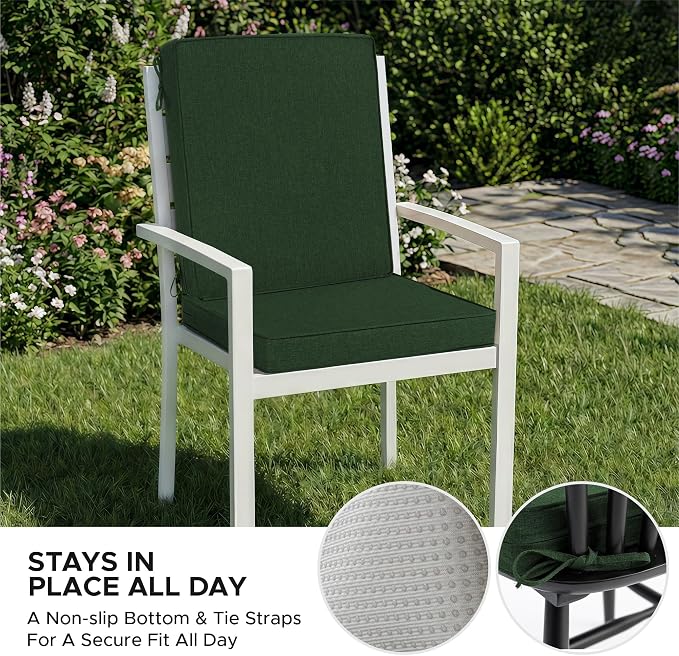 Outdoor Chair Cushions, Water-Resistant & Fade-Resistant, Patio Furniture Lawn Dining Chair Seat Replacement with Mid Back, Ties Zipper, Removable Cover, 18 x 16.5 Inch, Set of 1, Olive Green