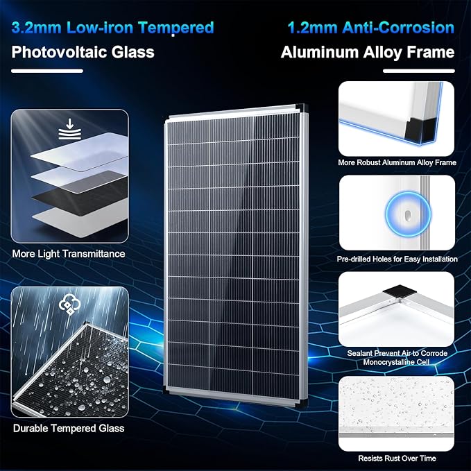 200w Solar Panel,200 watt Solar Panel 12v n Type 18bb Solar Panels A+ Grade PV Module IP68 Waterproof,25% high Efficiency Solar Cell 200w Solar Panels for Off Grid RV Boat Rooftop Camper