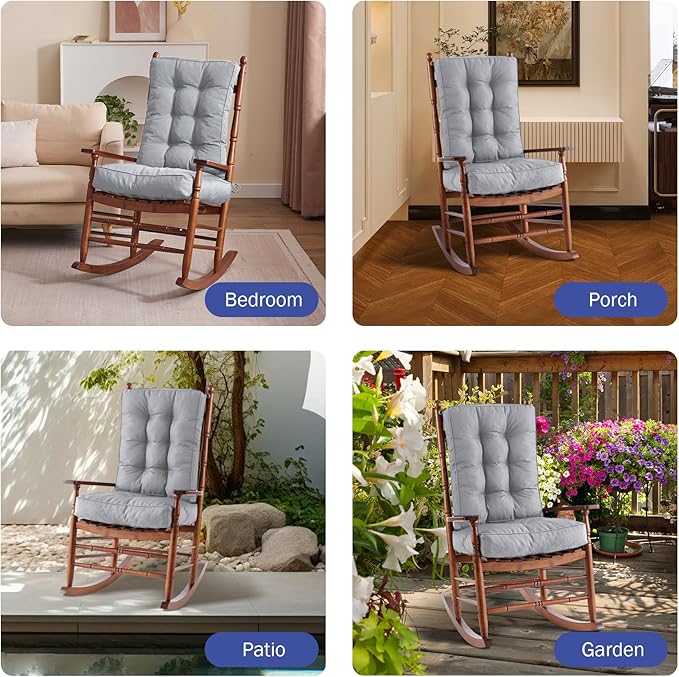 IPYNBAP Rocking Chair Cushion, Waterproof and Fade-Resistant Patio Chair Cushions, Tufted Chair Pads for Rocker Furniture, 17x17 Inch, Indoor/Outdoor Seat Cushions with Ties, Light Grey