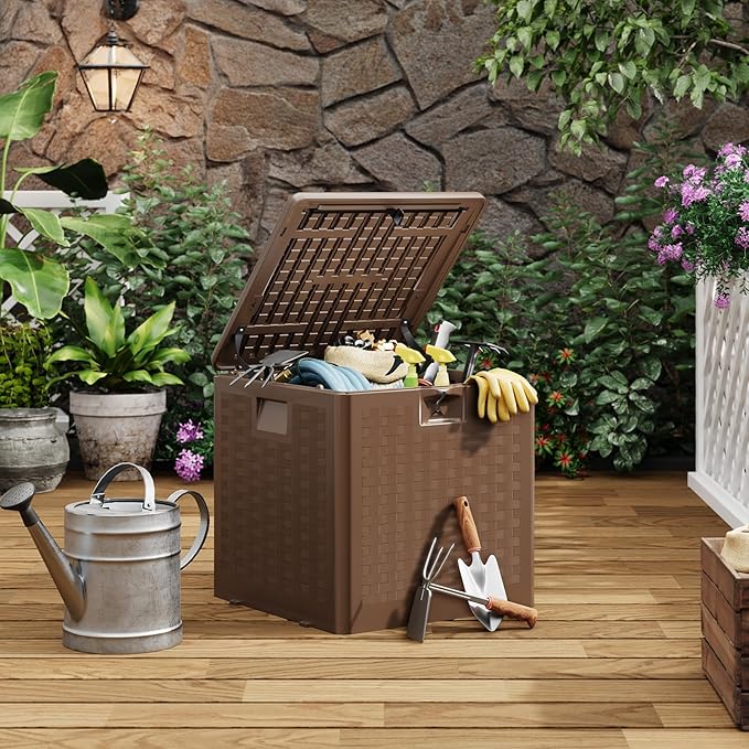 GarveeLife 28 Gallon Resin Deck Box, Weatherproof and UV Resistant Outdoor Storage Box, Lockable Outdoor Storage Bin for Patio Cushions, Garden Tools, Pool Supplies, Package Delivery, Brown