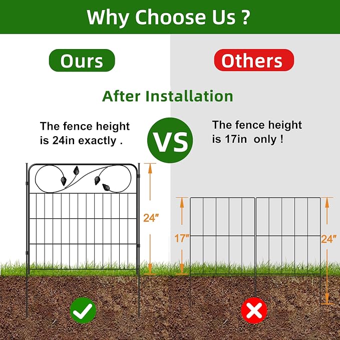 FOREHOGAR Decorative Metal Garden Fence 24in(H) X10ft(L) 5 Panels Leaf Black Rustproof Wire Border Fence for Landscape Patio Flower Bed Garden Fencing Panel Animal Barrier for Dogs