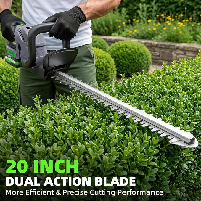 20-Inch Cordless Hedge Trimmer (Includes 2 Batteries and Charger), Electric Handheld Bush Trimmer, 180° Rotatable Handle, Grass Shrub Trimmers, Lightweight & Compact Grey