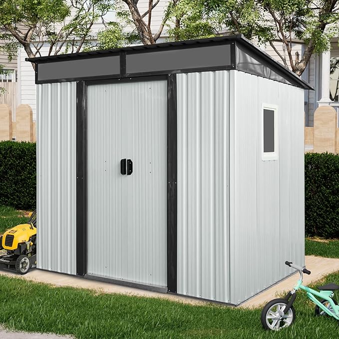 Ball & Cast 6x5 FT Outdoor Metal Storage Shed with Window and Transparent Plate,Waterproof Garden Organizer Tool Housew/Lockable Doors & Ventilation,Shelter Cabinet for Patio,Lawn,White+Black