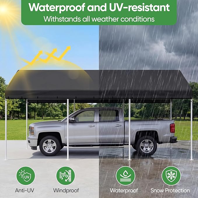 SIHAIAN 10 x 20 Ft Carport Replacement Canopy Cover(No Frame), Easy to Set up Carport Canopy, 500D Heavy-Duty Garage Top Tent Shelter Tarp Waterproof and UV Protected (Only Canopy Cover) Black