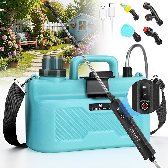 Battery Powered Sprayer 1.35 Gallon, Upgrade Electric Sprayer with Ergonomic Handle for Retractable Wand, Force Indicator, Adjustable Shoulder Strap for Garden, Weed Lawn and Cleaning
