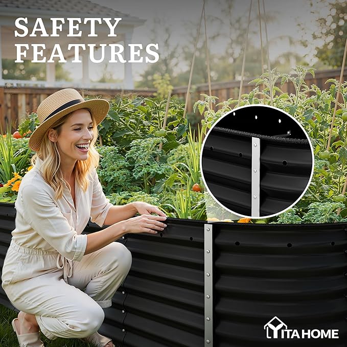 YITAHOME 8x2x2ft Raised Garden Bed Kit, 24" Tall 9 in 1 Large Galvanized Metal Planter Box with Gloves, Safety Rubber & Support Rod, Outdoor Flower Bed for Plants Vegetables Flowers, Black