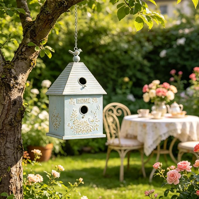 Distressed White Hanging Birdhouse with Home Emblem, Rustic Farmhouse Decorative Bird Nest Box for Outdoor Garden, Patio, Yard, Weathered Bird Shelter for Small Birds (Blue)