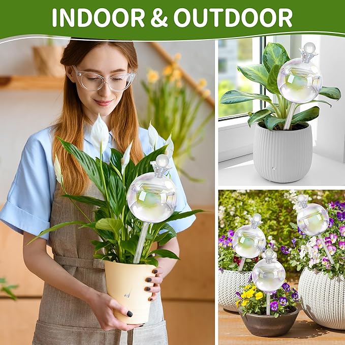 17 oz 2 Weeks Extra Large Plant Watering Globes, Iridescent Glass Self Watering Globes, Self Watering Planter Insert, Plant Watering Devices, Automatic Watering Bulbs for Daily Use (Large 4-Pack)