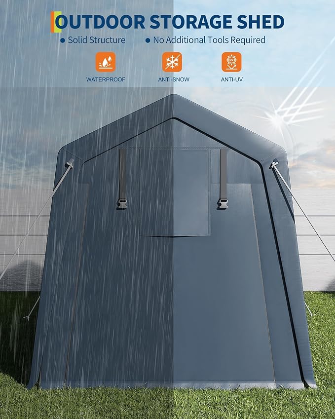 6 x 8 ft Bike Shed ATV Storage Tent Portable Storage Shed Outdoor Carport Tarp Sheds with Roll-Up Door for Motorcycle, Car, Garden Tools Grey