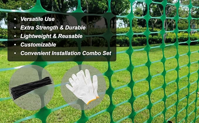 PotatoLife Plastic Mesh Fence Safety Fence, Extra Strength 4'x50' Roll with 100 Zip Ties, Resuable Temporary Netting for Garden Fencing, Construction, Snow Fencing, Animal Barrier, Poultry, Deer, Dog