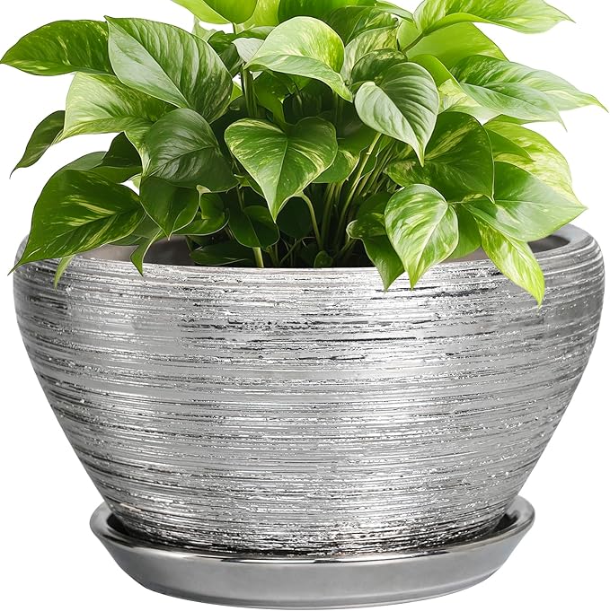 Ceramicfor Pot for Plants 9 Inch - Ceramic Plant Pot Indoor with Drainage Hole and Saucer Round Planter for Indoor Plants Modern Decorative Flower Pot for Home Decor Silver