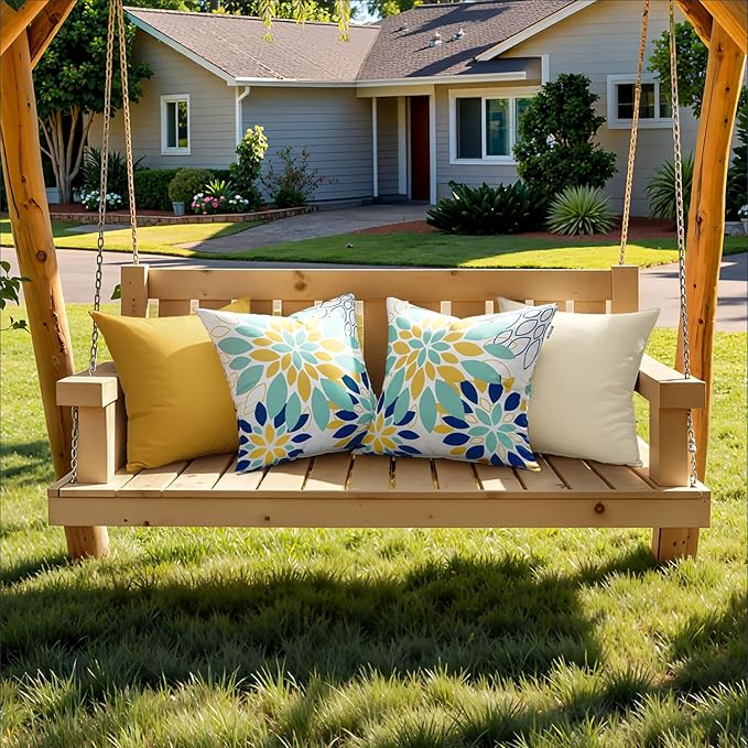 Floral Outdoor Pillow Covers Waterproof Spring Throw Pillow Cases Light Blue Yellow Inch Set of 2 Decorative Summer Cushion Covers for Patio Furniture Garden Bench Porch Sofa