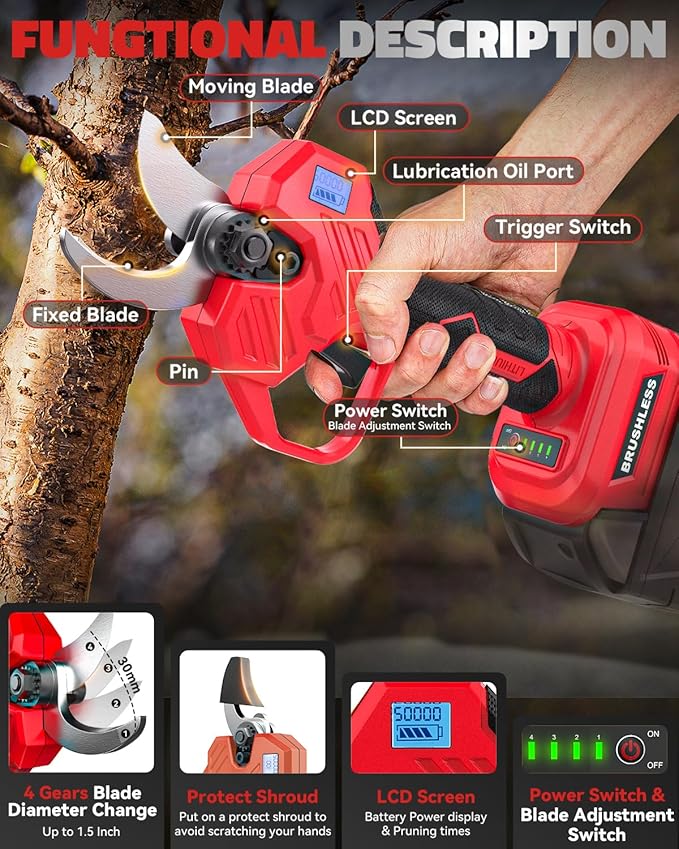 Cerycose Cordless Electric Pruning Shears Compatible with Milwaukee 18V Battery, 0.8-2-Inch Cordless Portable Pole Pruner with LCD Display & Imported SK7 Steel Blades for Gardening Shears(Tool Only)