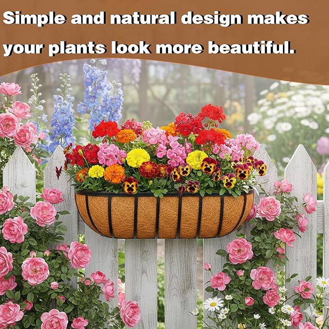 4 Pcs 16“ Railing Planter Window Box Deck Railing Planters Boxes with Coco Liner English Horse Trough Planters Metal Wall-Mounted Planter Basket for Outdoor Balcony Porch Fence Patio Rail
