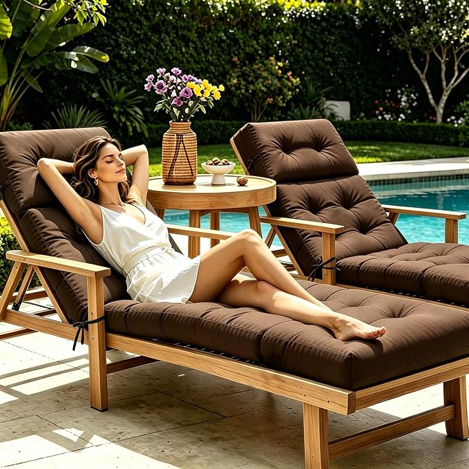 Non-Slip Outdoor Chaise Lounge Chair Cushion, Waterproof 74.4 x 22 x 4.7 Inches Lounge Chair Cushions for Outdoor Patio Furniture with Ties, Pool Chaise Lounge Cushions Replacement, Brown