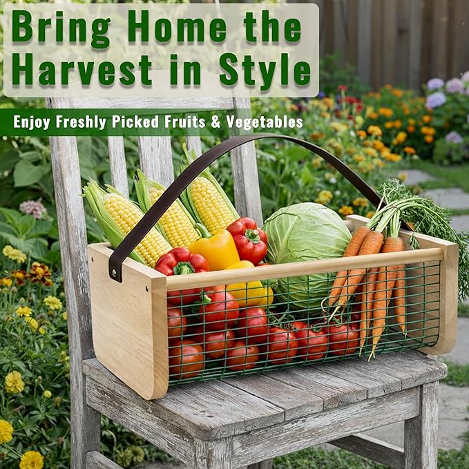 Garden Hod Harvest Basket, 16 x 10 x 7in Gardening Harvest Baskets with Leather Handle, Solid Wood with PVC Wire Mesh, Garden Baskets for Gathering Vegetables