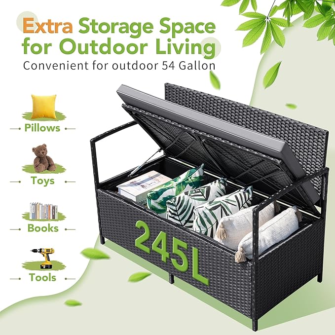 Greesum Patio Loveseat PE Rattan Wicker Outdoor Furniture with Soft Cushions & Built-in Storage Space for Lawn Garden Backyard, Black