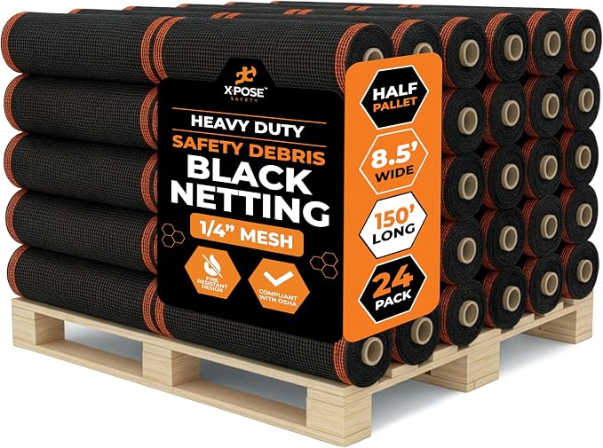 Xpose Safety Construction Safety Netting – 8.5' x 150', 1/4" Mesh Scaffold Safety Net, Temporary Material Roll, Visibility Fence, Heavy-Duty Fire Retardant, Black (24-Pack)