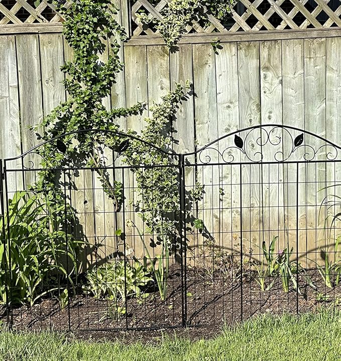 4 Pack 44" H 36" W (Linear Length 12 feet) Black Coated Heavy Duty Steel Decorative Garden Fence Each Panel with 2 Leaves, Heavy Duty Metal Patio Flower Animal Barrier Section Wire Border Fencing