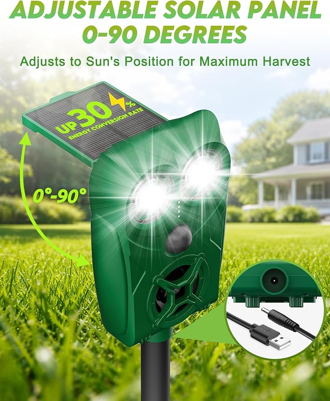 Solar Animal Repellent Ultrasonic Deer Deterrent, Waterproof Adjustable Large Solar Panel with Power Indicator, Motion Sensor & Outdoor Animal Repeller to Deter Cat, Coyote (2, Green and Black)