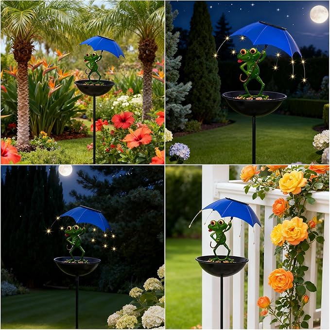 Garden Decor Solar Bird Feeder Frog, Frog Gifts Hummingbird Feeder Decorative Path Lights Yard Art Ornament Bird Feeder,Outdoor Solar Lights Frog Figurine Lights with Umbrella (Frog)