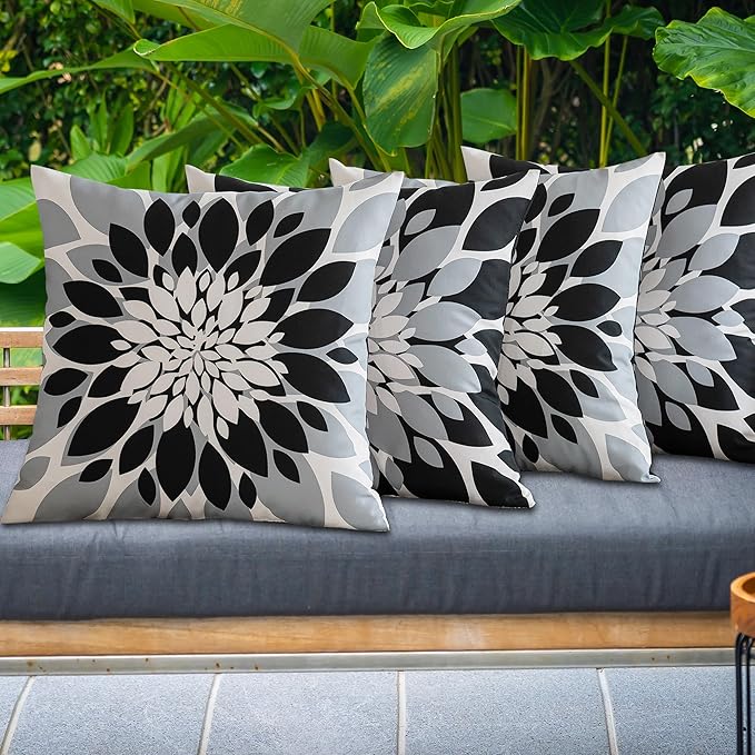 Qahing Pack of 4 Outdoor Waterproof Pillow Covers 18x18 Decorative Outdoor Throw Pillows Garden Square Cushion Cases for Patio Furniture, Couch, Tent Sunbrella, Bench, Black Grey