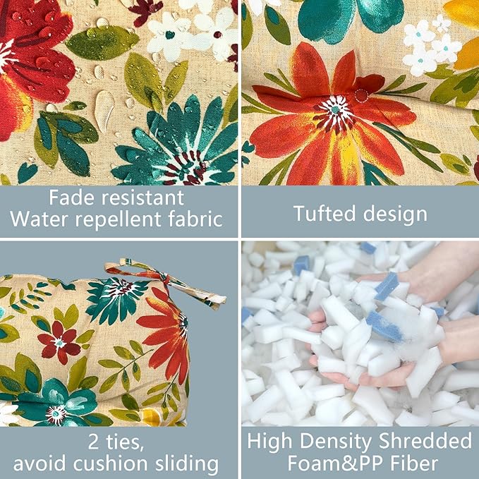 LVTXIII Outdoor/Indoor Tufted Seat Cushion, Decorative Wicker Chair Pads All Weather Seat Cushion Sets for Patio Garden Home Office Furniture, 19"x19"x4", Round Back, Pack of 2, Flower Multi