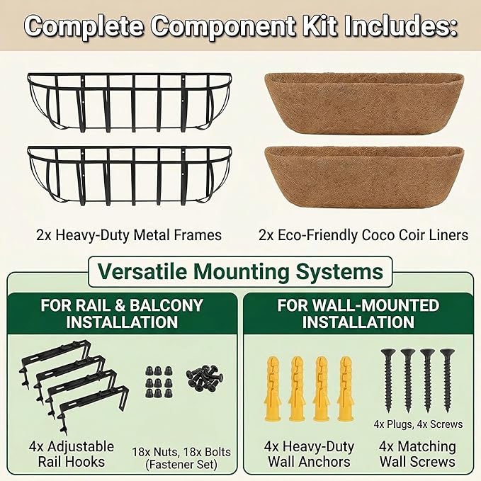 24'' Window Box Railing Planter with Coco Liner,4 Pack Horse Trough Planters Black Metal Hanging Flower Planters Basket for Porch Fence Patio Indoor Outdoor Lawn