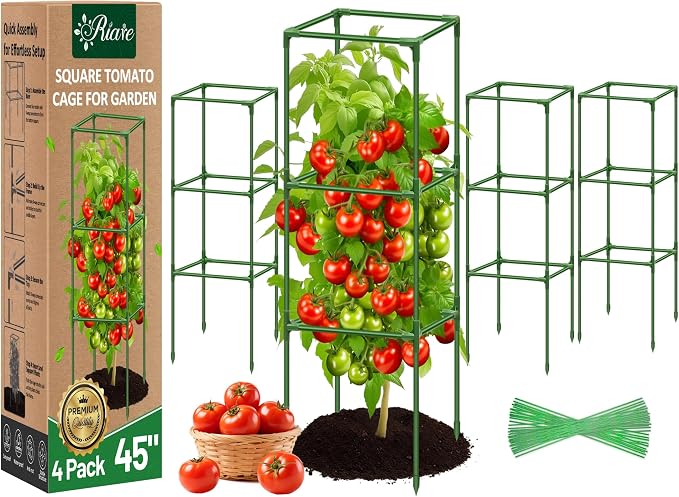 Riare 4 Pack Square Tomato Cages for Garden- 45 Inch Heavy Duty Tomato Stakes Plant Support, Metal Tomato Trellis for Climbing Plants Outdoor, Raised Garden Bed, Vegetables Flowers