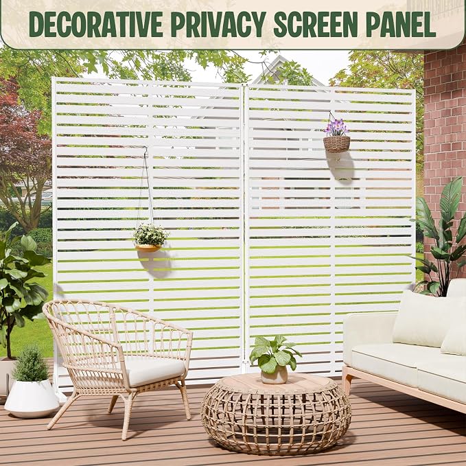 Outdoor Privacy Screen Panel 72" Freestanding Privacy Fence with Stand, HDPE Decorative Privacy Screens with Louvered 6 Panels, Weather-Resistant Panel Fence for Patio, Balcony,Pool, White