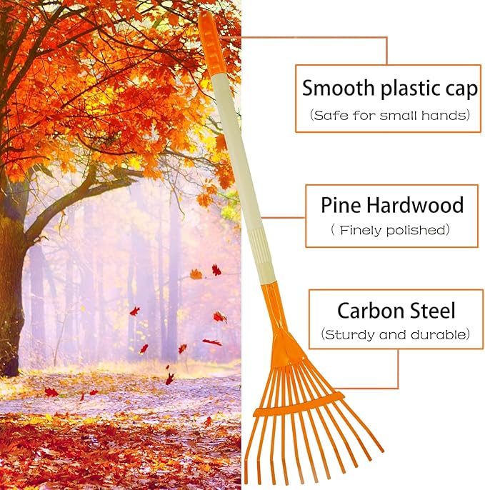 2PCS Kid Rakes, 27" Lawn Rakes for Leaves, Child Size, Metal Head & Wooden Handle, Great Yard Tool Gifts for Boys Girls Age 3+ Year Old