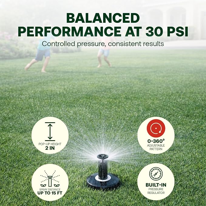 Rain Bird 1802APPRS Pressure Regulated 1800 Series Dual Spray 2 Inch Pop Up Sprinkler Head, 4 Pack -Water Efficient Lawn Sprinkler with 360 Degree Pattern, 1/2 Inch NPT, Up to 15 Ft Spray Distance