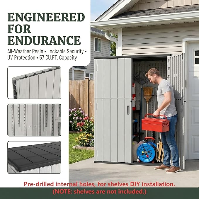 Outdoor Storage Shed 57 Cu.ft Weatherproof Resin Storage Cabinet with Floor, Lockable Vertical Shed for Garden Tools, Lawn Mower, Pool Equipment & Organization – Shelves Not Included