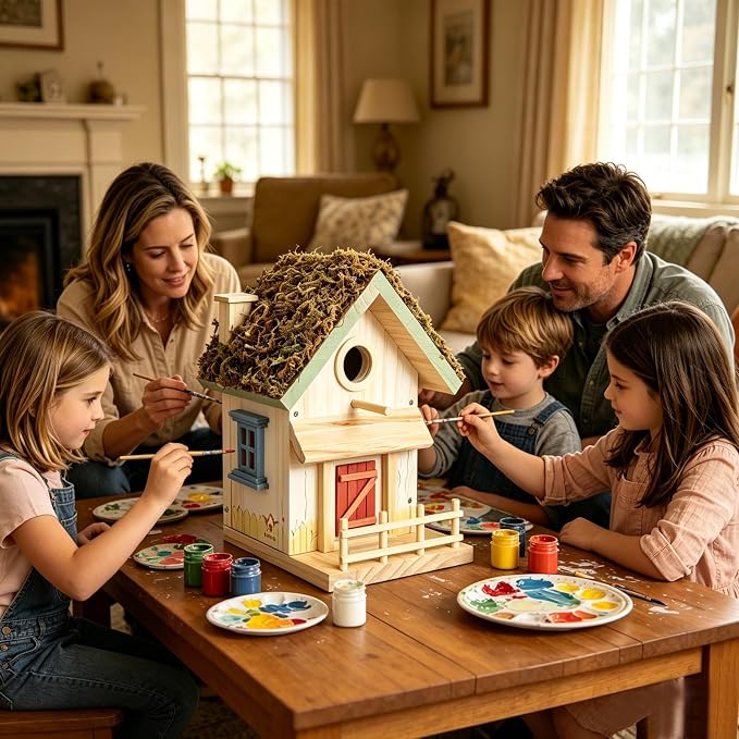Bird Houses for Outside – Bird House Kits, DIY for Adults & Kids, 1.5" Entrance, Premium Pine, Moss Roof, Bark Siding, Side-Opening Door, Easy Clean,Family Craft for Garden,Backyard or Patio