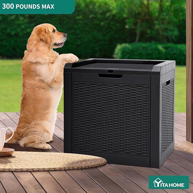 YITAHOME 32 Gallon Rattan Deck Box,Indoor Outdoor Storage Box for Patio Furniture,Pool Accessories, Cushions,Garden Tools, Sports Equipment, Waterproof Resin with Lockable Lid and Side Handles (Black)
